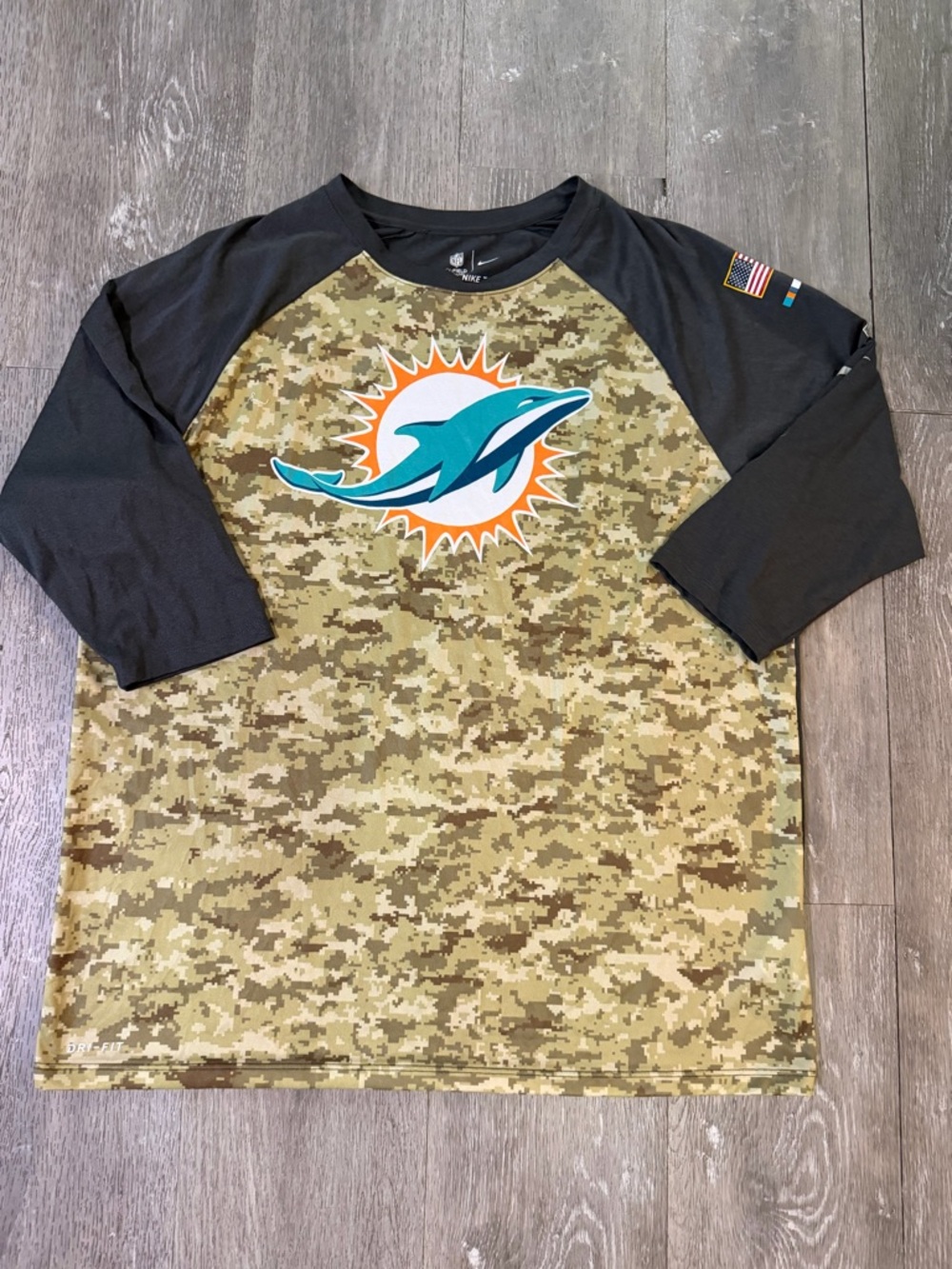 Nike Black Raglan Tee with Teal & Orange Dolphins Logo
